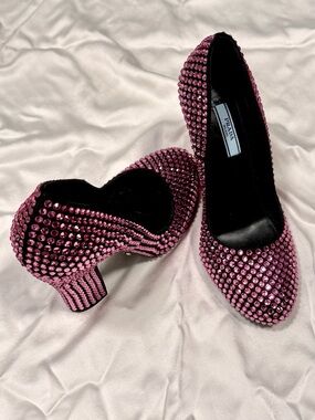 Prada Pink Crystal-Studded Mid-Heel Pumps